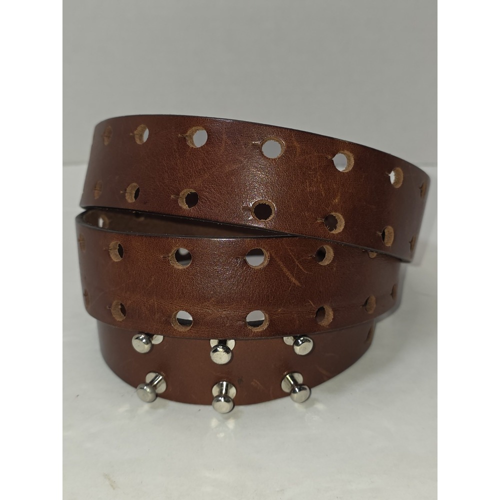 Italian Genuine Leather Studd Fastening No Buckle Slotted Hole Wide Width Belt - Picture 1 of 12
